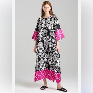Natori Botanica Floral Caftan Womens M Black Fuchsia Pockets Side Slit Luxury